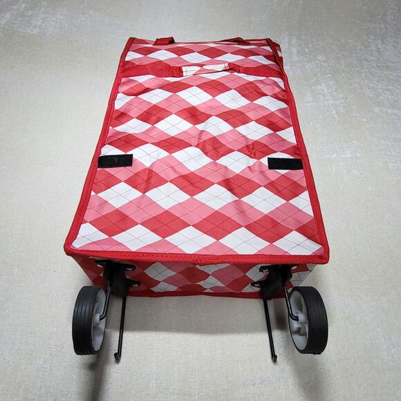 Rolling Travel Bag Collapsible Red White Argyle Print - Picture 4 of 8